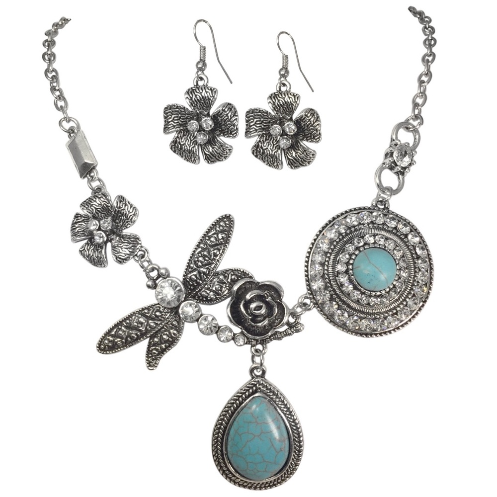 Dragonfly Vintage Look Silver Turquoise Necklace Set